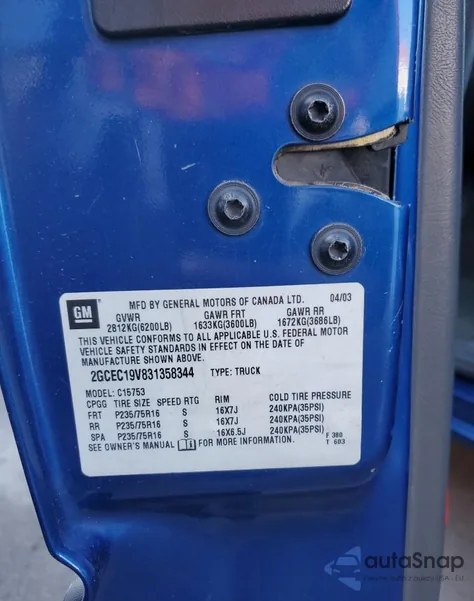 2003 Chevrolet Silverado C1500 from USA, damaged, VIN 2GCEC19V831358344